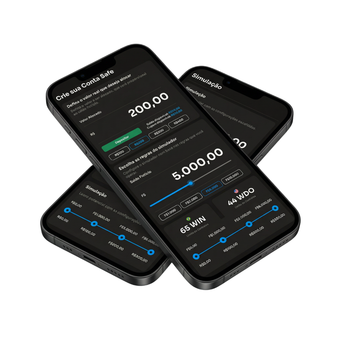 App Conta Safe mostrando saldo real R$200 e fictício R$5.000